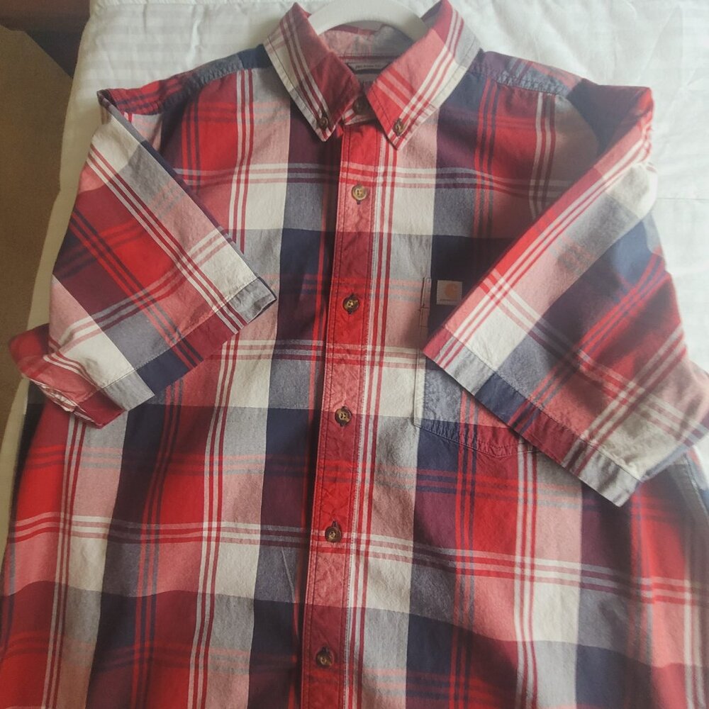 Carhartt Red White Blue Mens Plaid Short Sleeve Shirt Size L - Picture 6 of 15